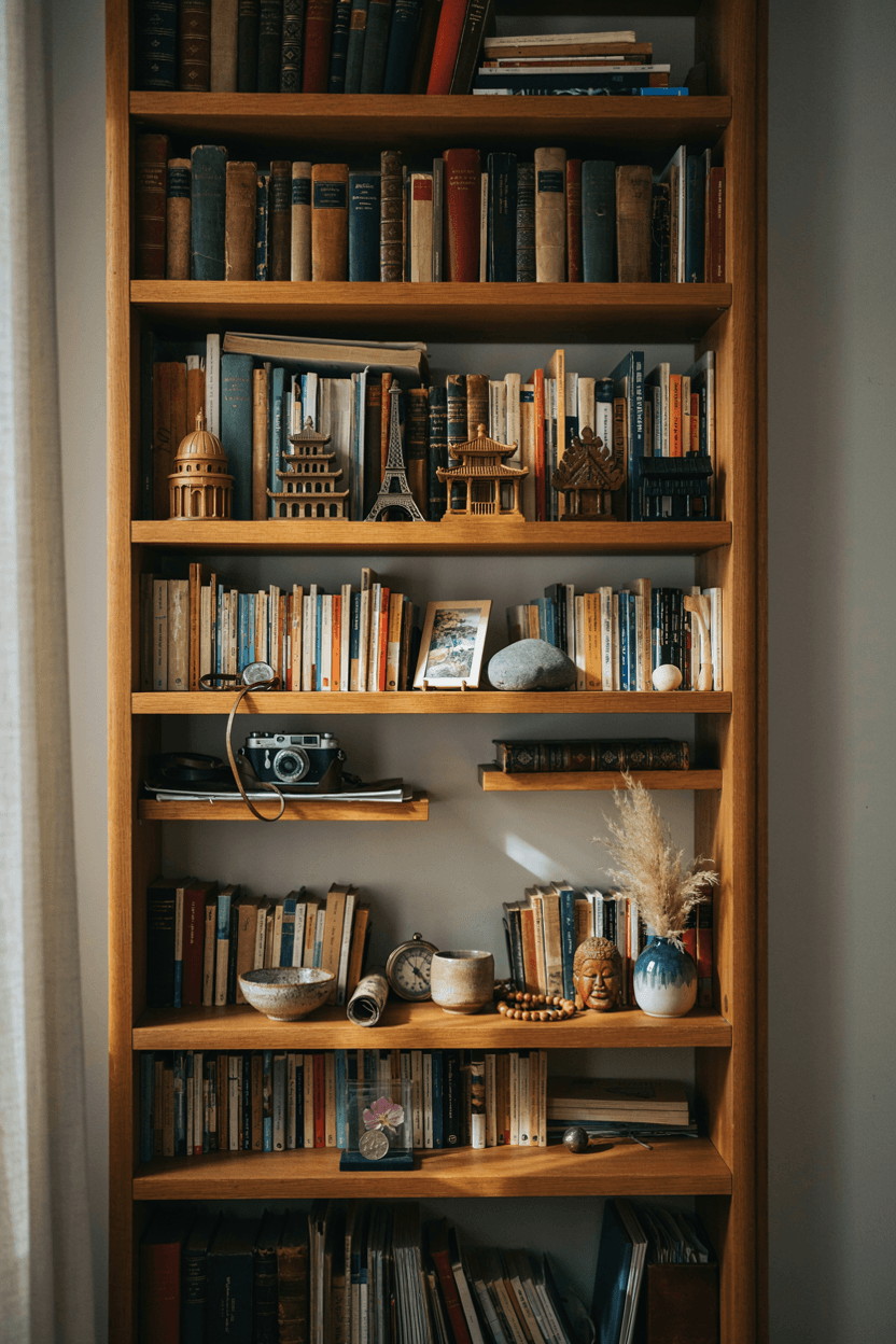 Bookshelf with Travel Souvenirs – home decor idea