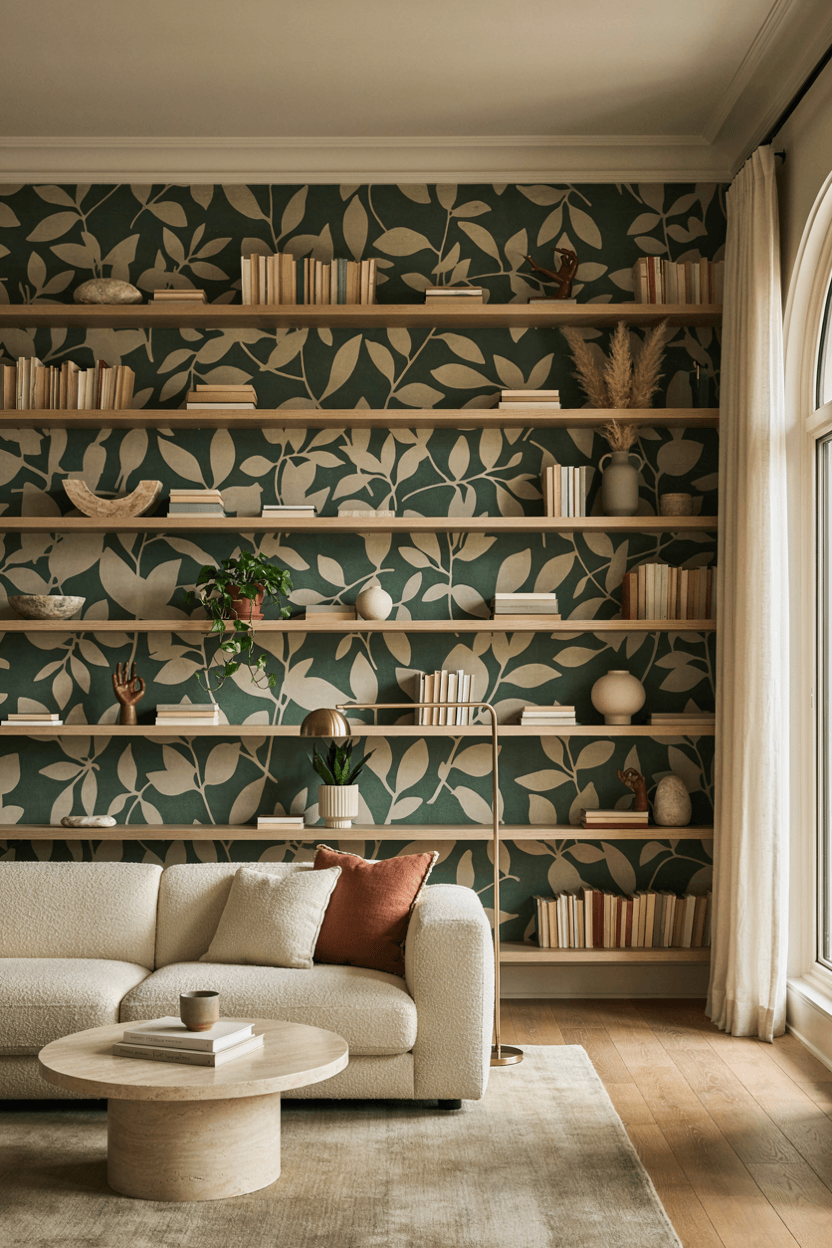 Bookshelf with Bold Wallpaper Back Panel – home decor idea