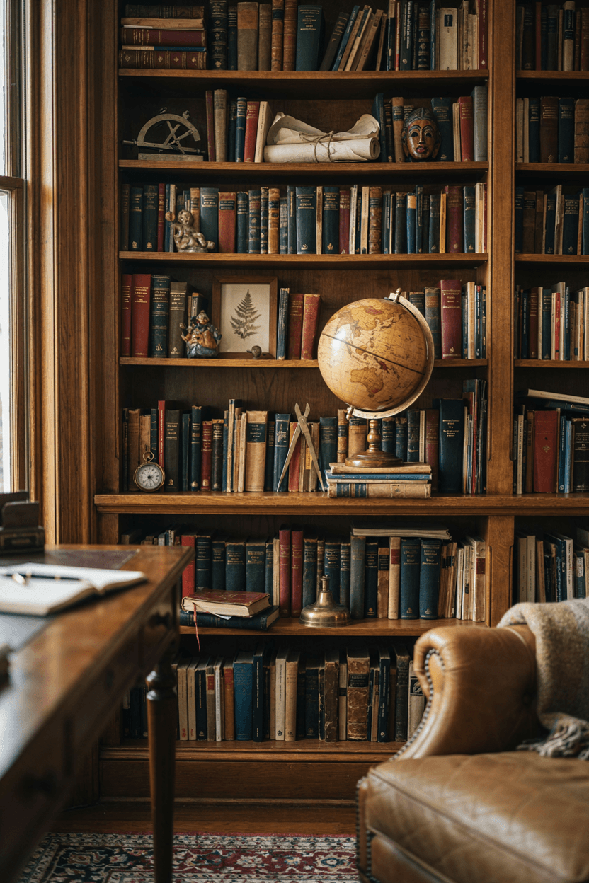 Bookshelf with Globe or Map – home decor idea