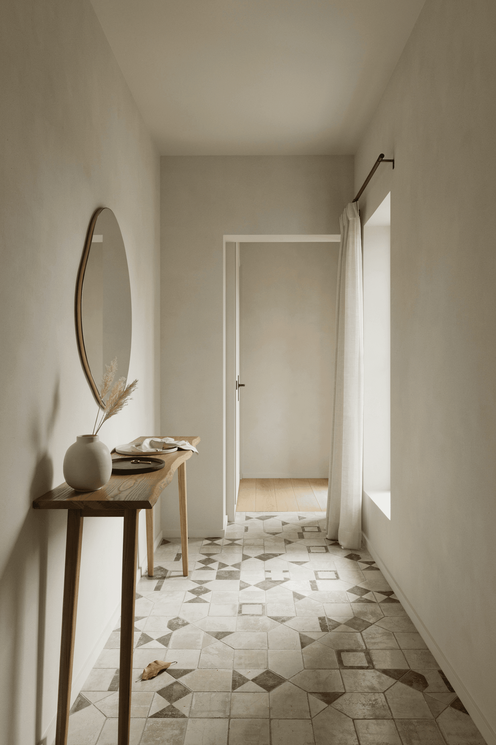 Foyer with Geometric Tile Floor – home decor idea