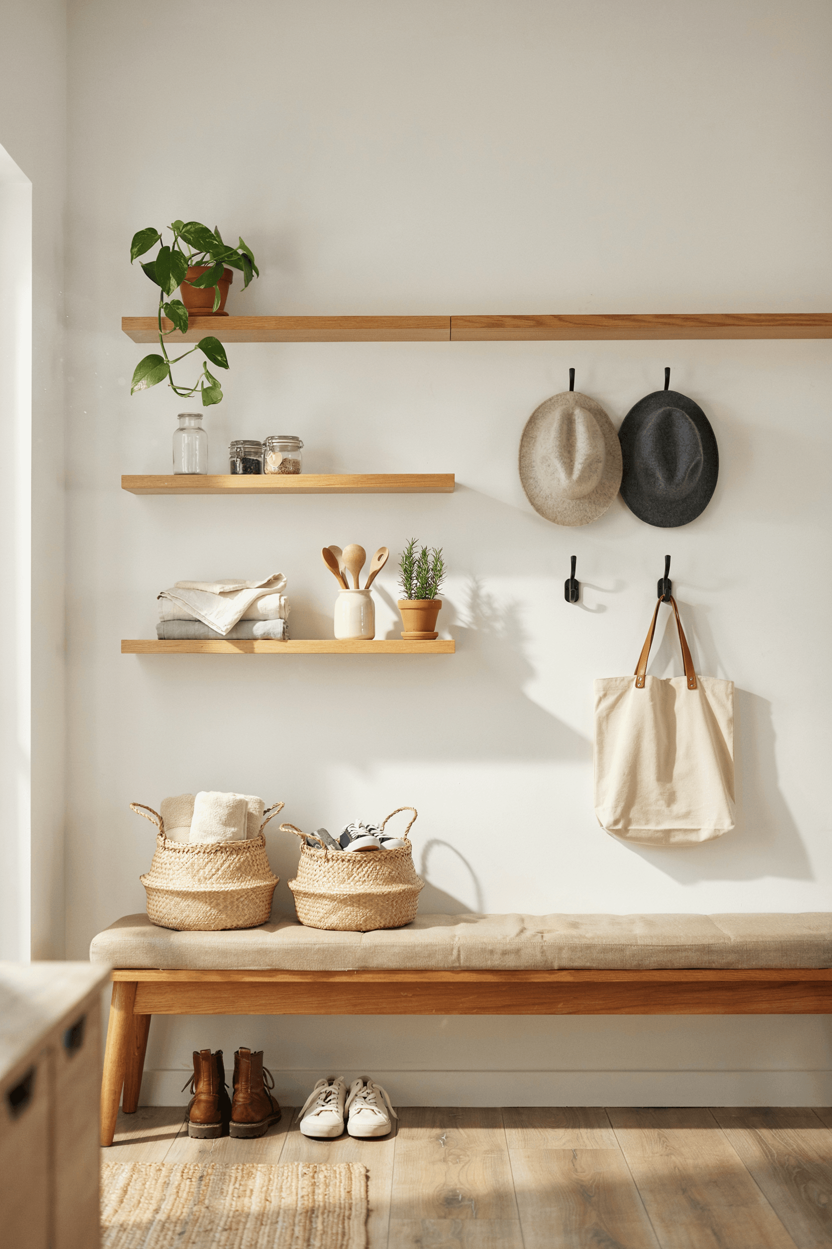 Mudroom Bench with Shelves Above – home decor idea