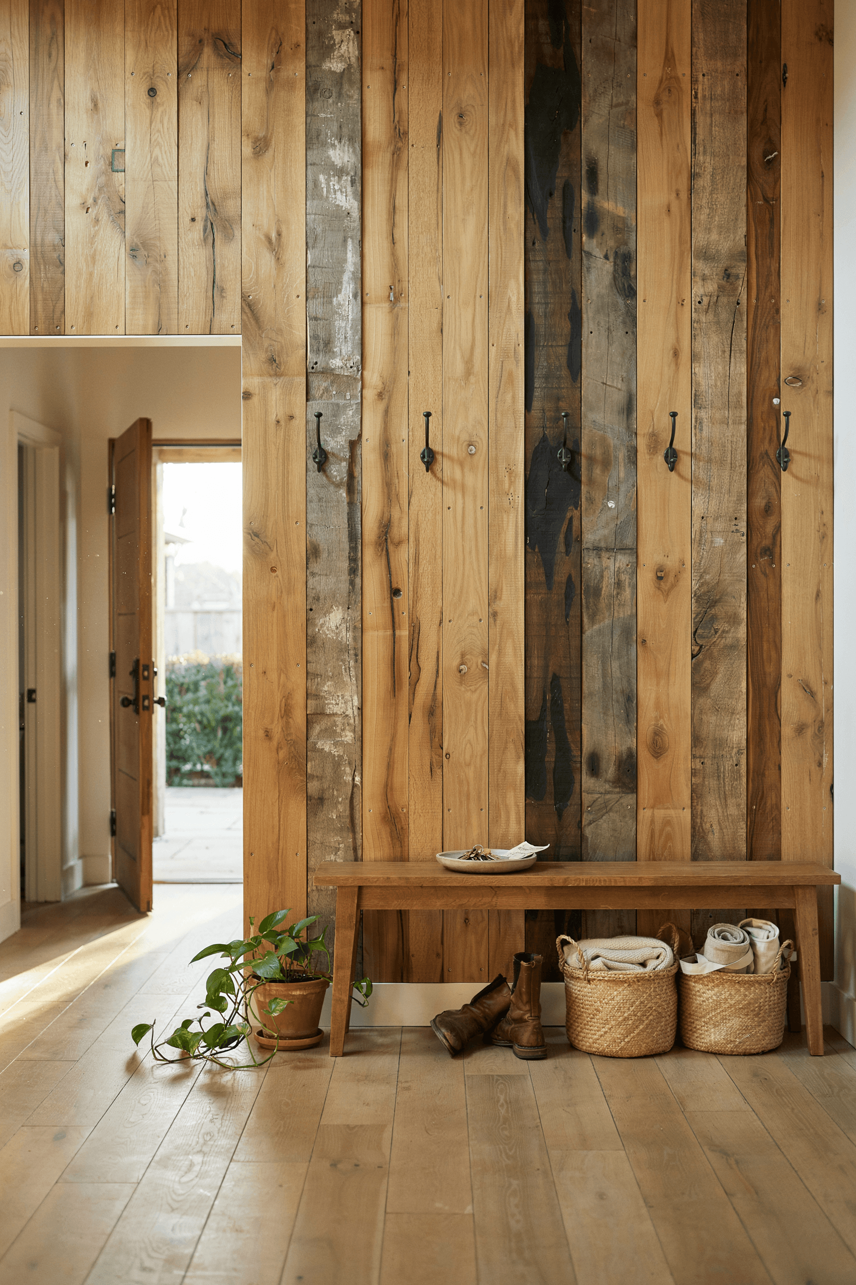 Foyer with Reclaimed Wood Accent Wall – home decor idea