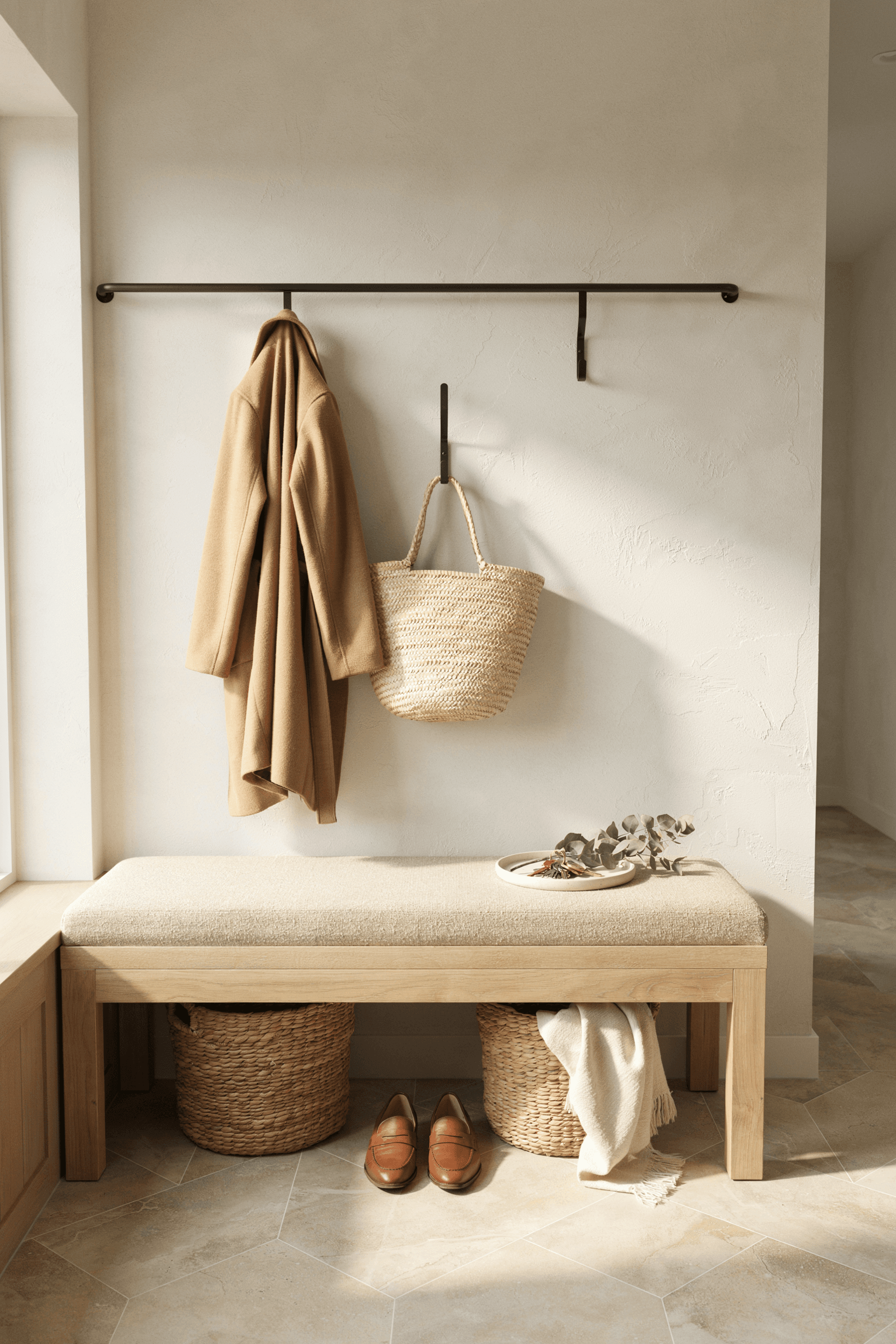 Mudroom Bench with Tile Floor Detail – home decor idea