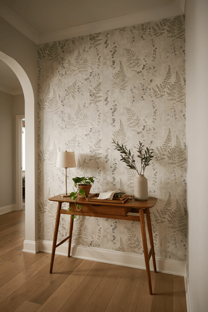 Entryway Table with Wallpaper Backdrop – home decor idea