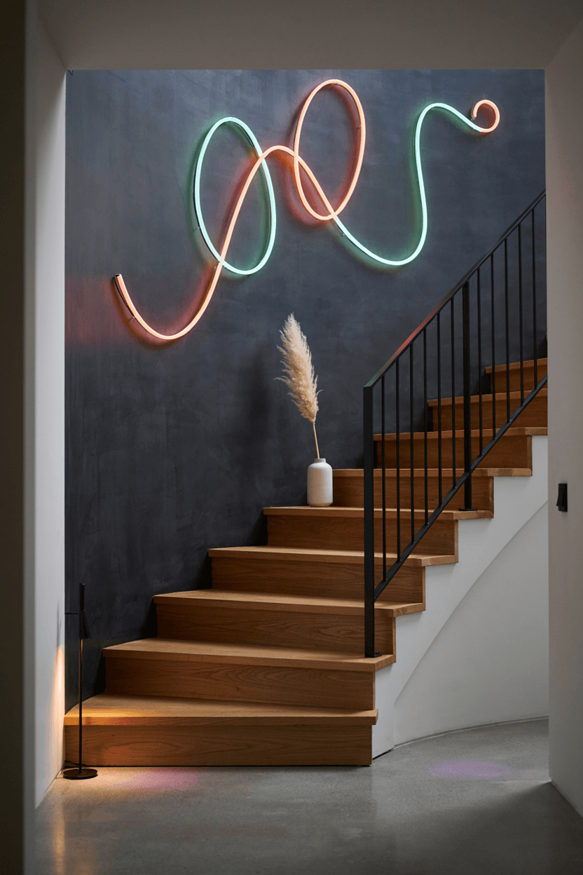 Staircase Wall with Neon Sign – home decor idea