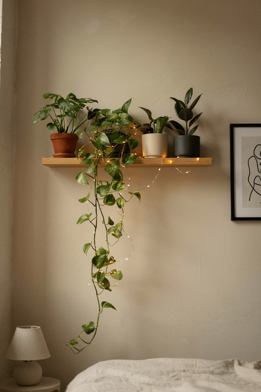 Plant Shelf with Fairy Lights – home decor idea