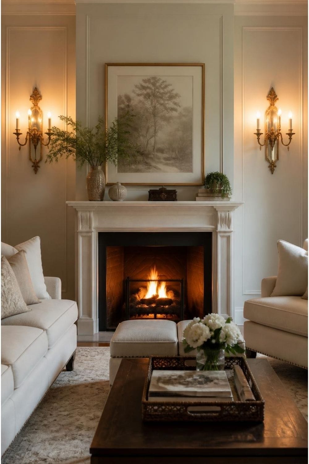 Fireplace Wall with Sconces – home decor idea