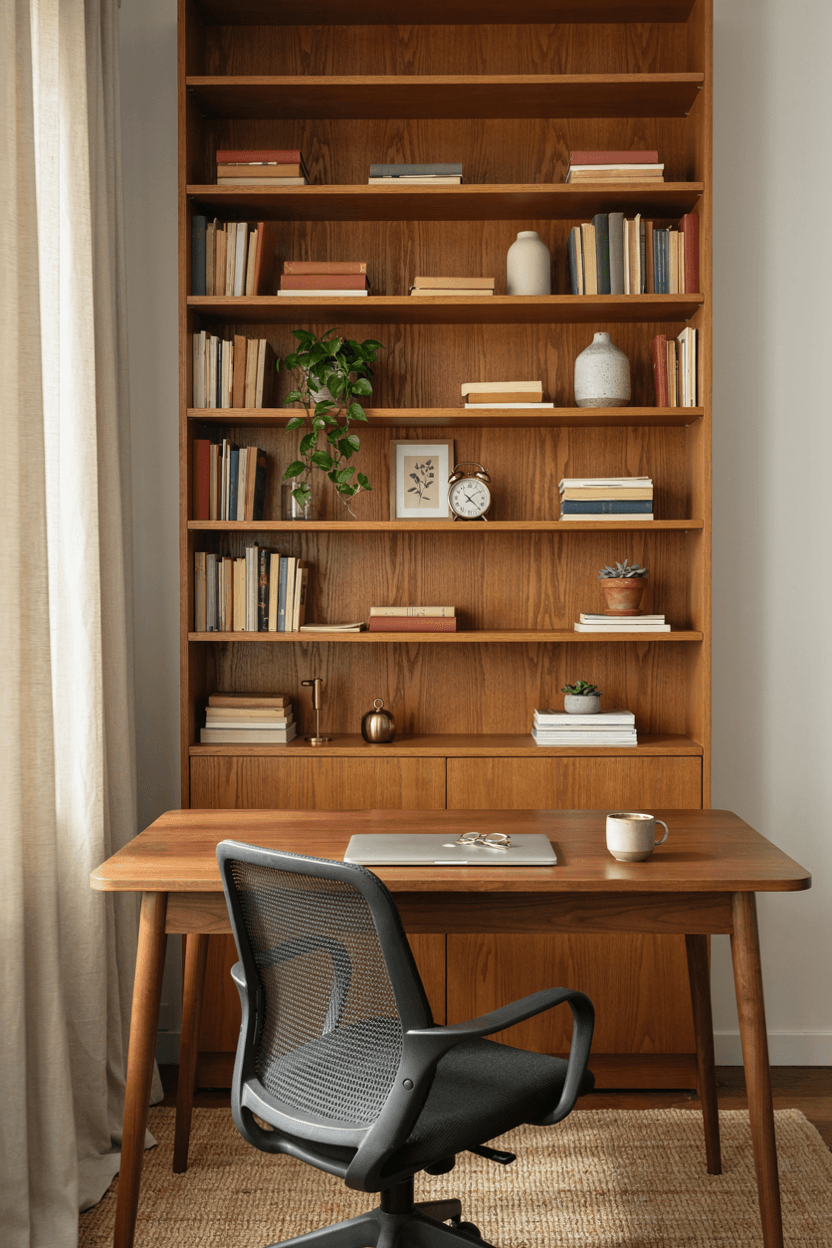 Home Office with Bookshelf Backdrop – home decor idea