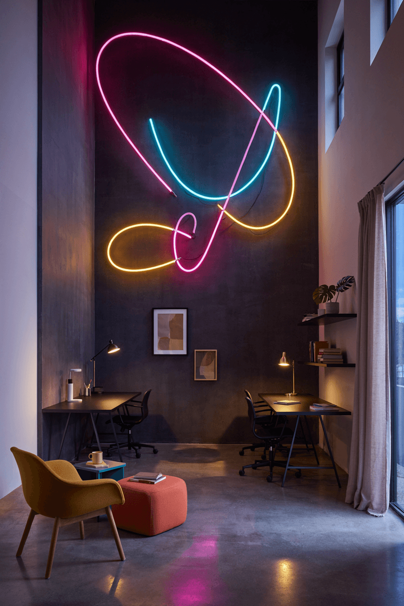 Modern Office with Neon Signage – home decor idea