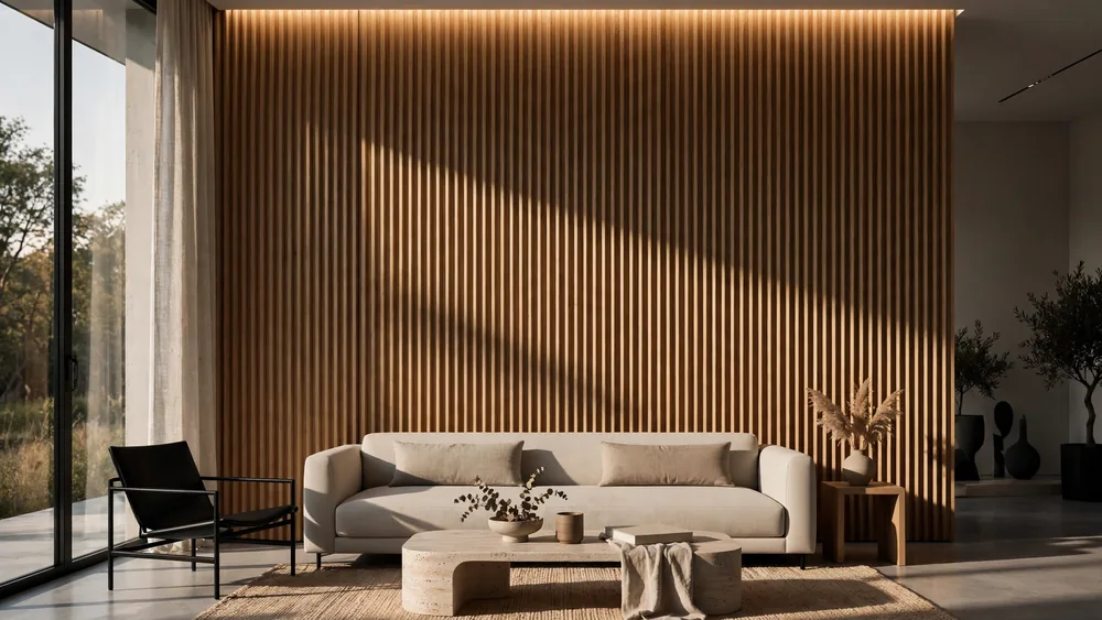Modern living room with fluted wood 3D panel feature wall behind a sofa – home decor idea