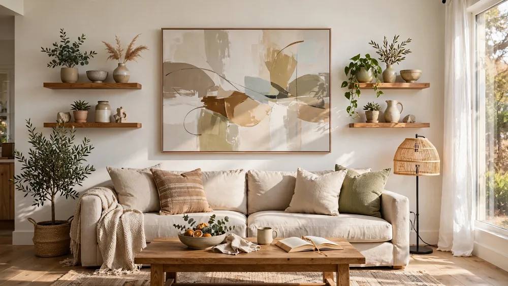 Living room with large abstract art and floating shelves above a linen sofa – home decor idea