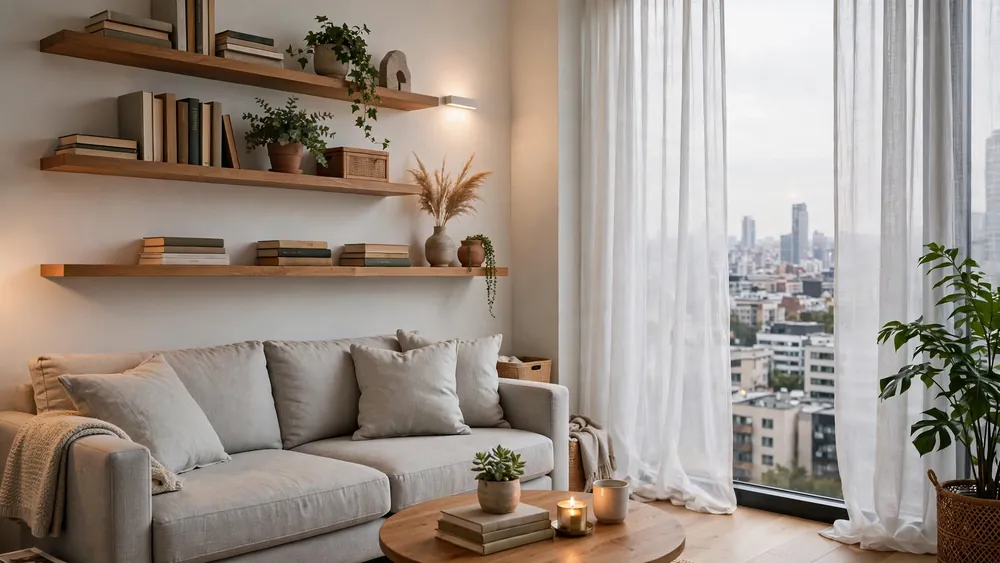 Stylish compact apartment living room with grey sofa and floating shelves – home decor idea