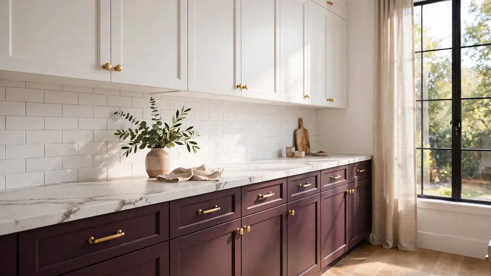Modern kitchen with deep aubergine lower cabinets, white upper cabinets and brass hardware – home decor idea