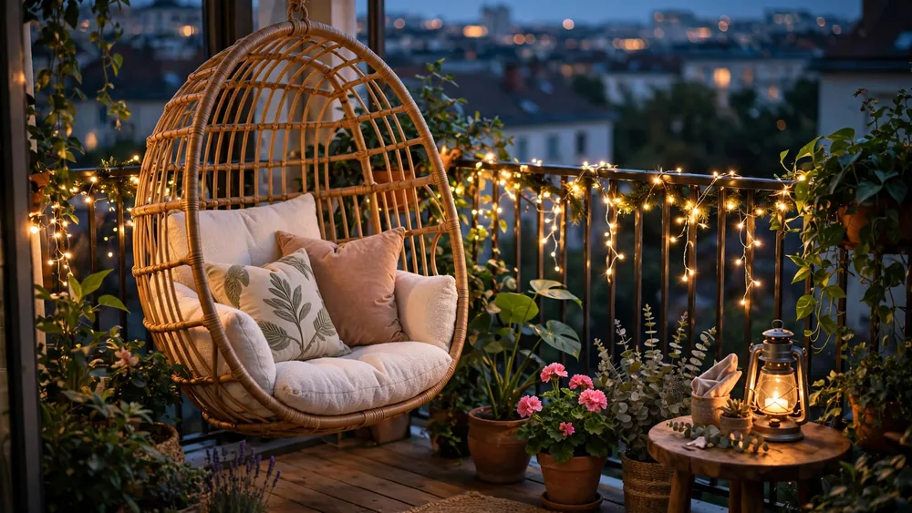 Stunning cozy balcony at dusk with hanging rattan egg chair, fairy lights, lush potted plants and glowing lantern – home decor idea