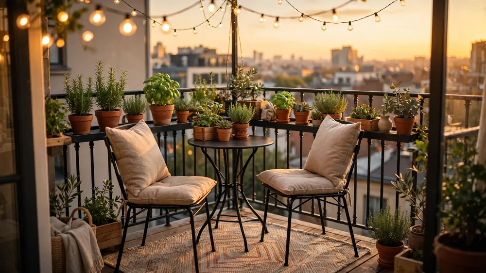 Stylish small balcony with bistro set, string lights, potted herbs and city view at golden hour – home decor idea