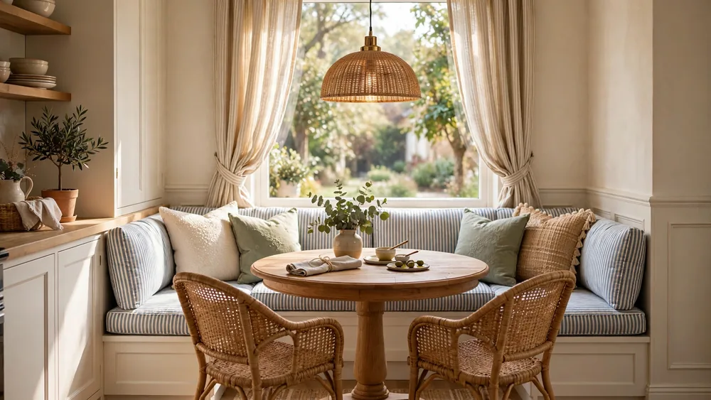 Cozy kitchen banquette nook with built-in bench, cushions and round wooden table – home decor idea