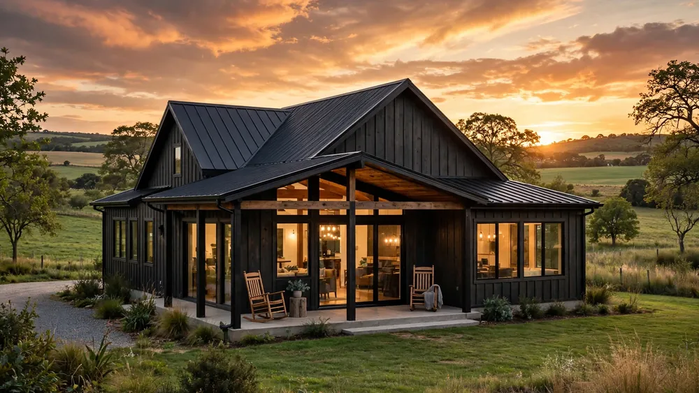 Modern barndominium exterior with dark metal roof and glowing windows at golden hour – home decor idea