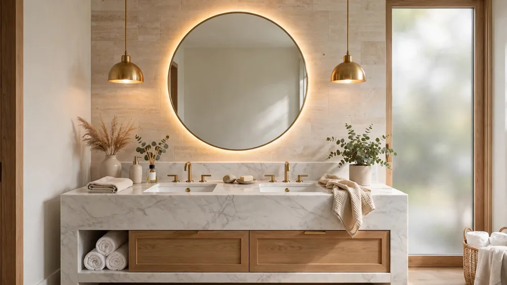 Modern bathroom vanity with brass pendant lights and a backlit round mirror – home decor idea