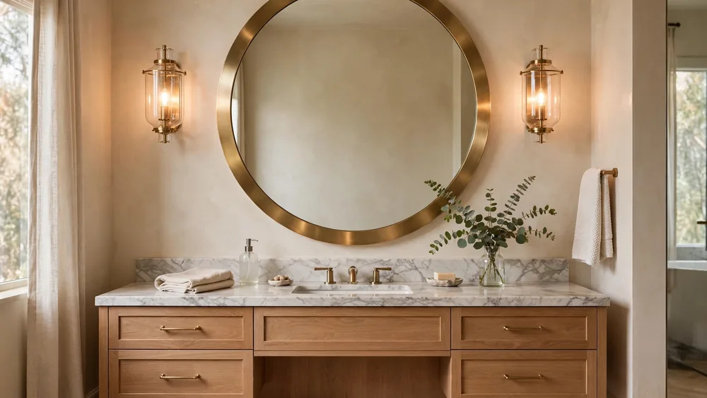 Bathroom vanity with oversized brass-framed round mirror and glass sconces – home decor idea