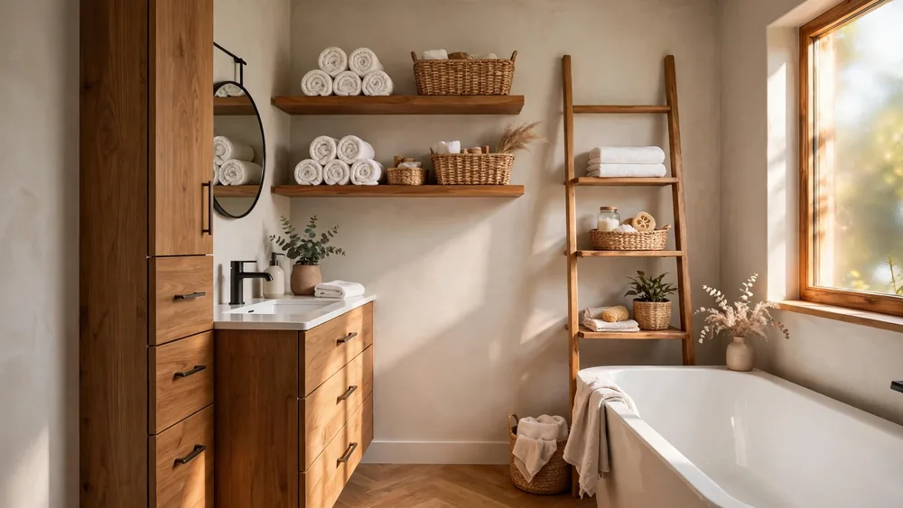 Small bathroom with floating wooden shelves, rolled towels and woven storage baskets – home decor idea