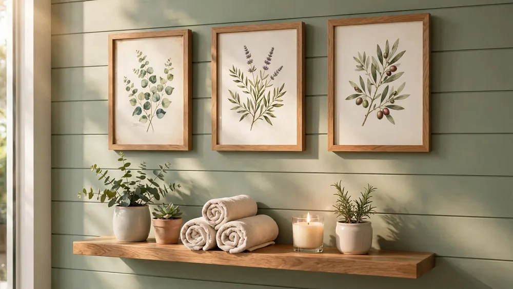 Bathroom wall with botanical art prints and floating oak shelf with plants and candles – home decor idea
