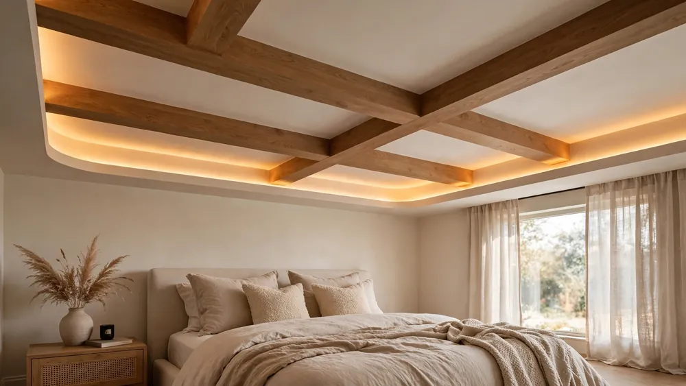 Cozy bedroom with a designer ceiling featuring warm recessed lighting and wooden beams – home decor idea