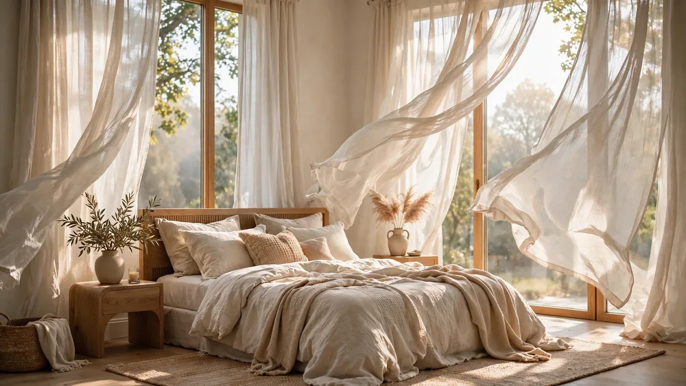 Dreamy bedroom with flowing sheer linen curtains at tall windows – home decor idea