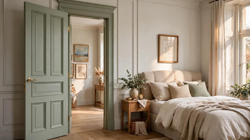 Elegant bedroom with tall sage green paneled door and brass handle – home decor idea
