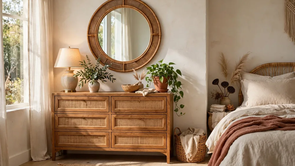 Stylish bedroom with round rattan mirror above a wooden dresser – home decor idea