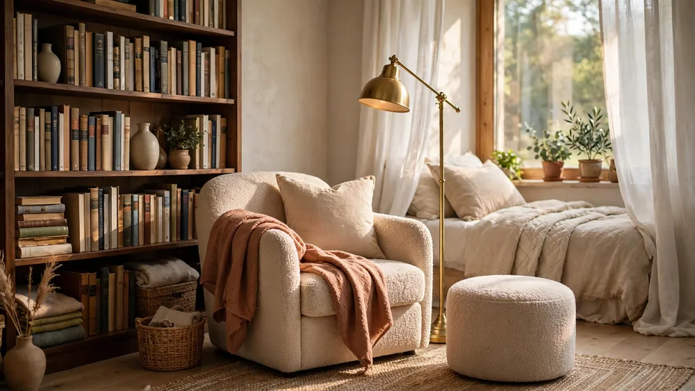 Bedroom reading corner with armchair, bookshelf and brass floor lamp – home decor idea