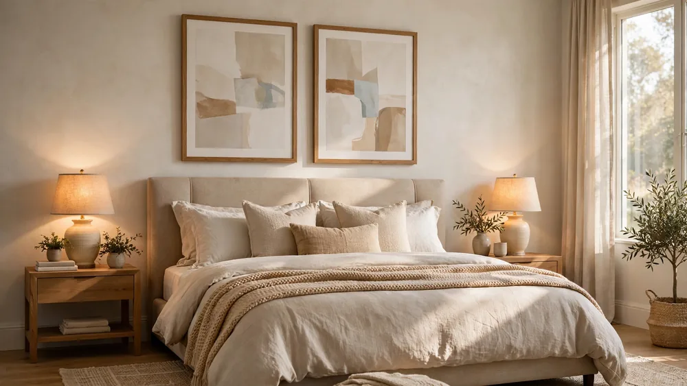 Stylish bedroom with framed abstract art above an upholstered headboard – home decor idea