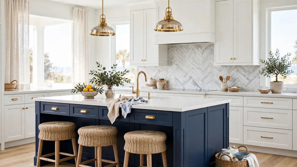 Fresh blue and white kitchen with navy island, brass hardware and woven stools – home decor idea
