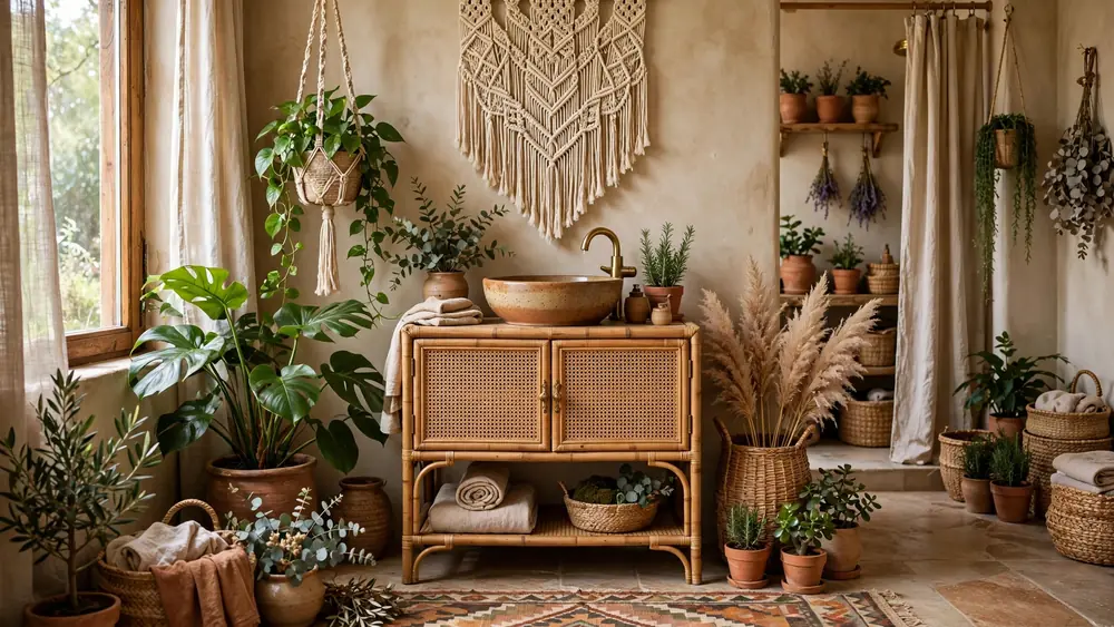 Relaxed boho bathroom with rattan vanity, plants and earthy tones – home decor idea