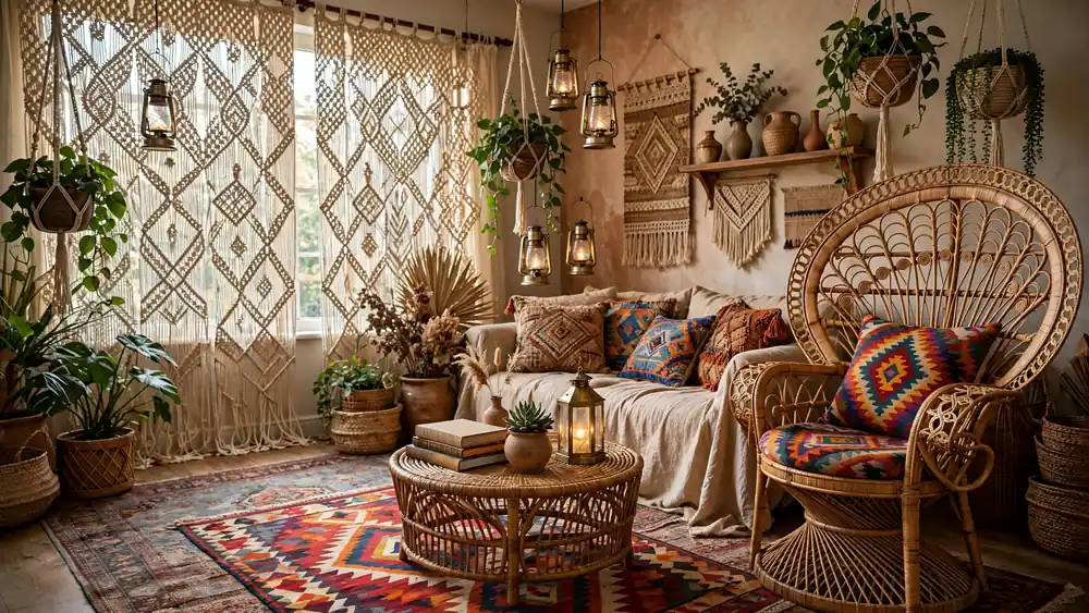 Bohemian living room with macrame curtains, rattan peacock chair, kilim cushions and hanging plants – home decor idea