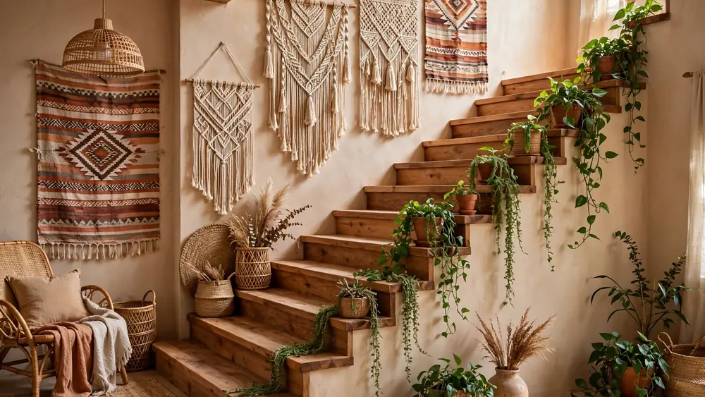Bohemian staircase with macrame wall hangings, woven tapestry and trailing green plants on wooden steps – home decor idea