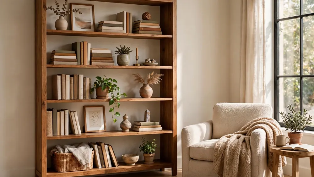 Beautifully styled wooden bookshelf with books, plants and decorative objects – home decor idea