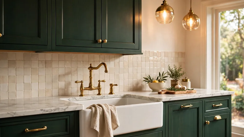 Luxury kitchen with deep green cabinets, polished brass pulls and brass faucet – home decor idea