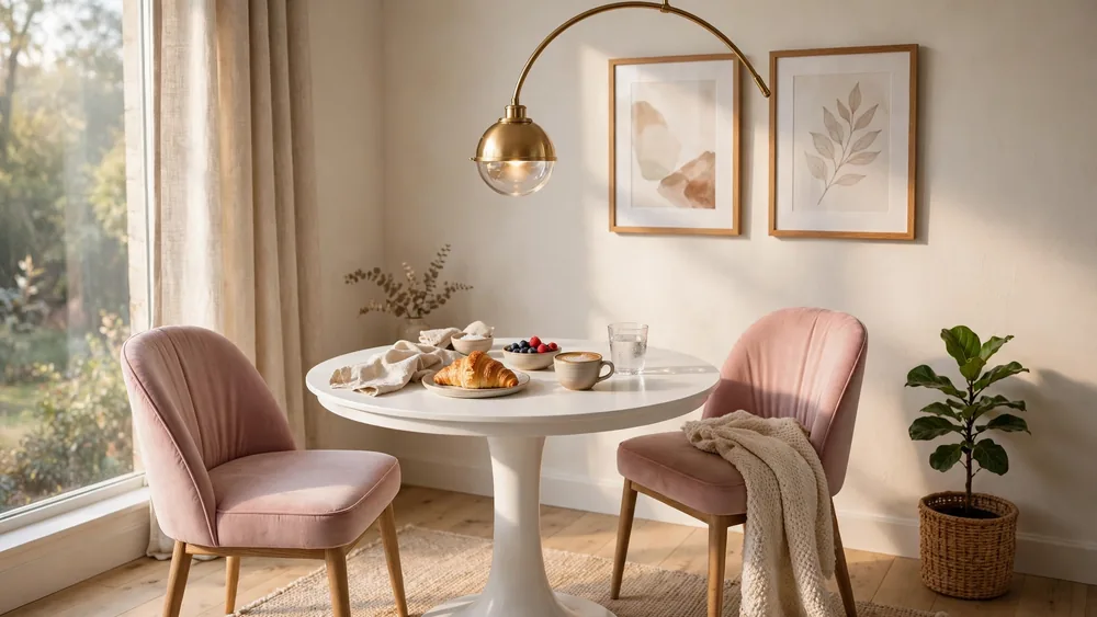 Stylish breakfast nook with round pedestal table, blush chairs and brass pendant – home decor idea