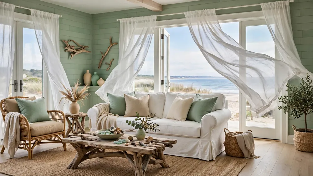 Breezy coastal living room with sea-glass green walls, white slipcovered sofa and billowing sheer curtains – home decor idea