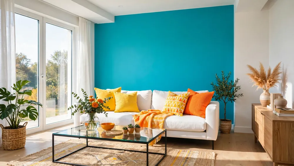 Bright living room with vivid turquoise accent wall, white sofa, yellow and orange cushions and glass coffee table – home decor idea