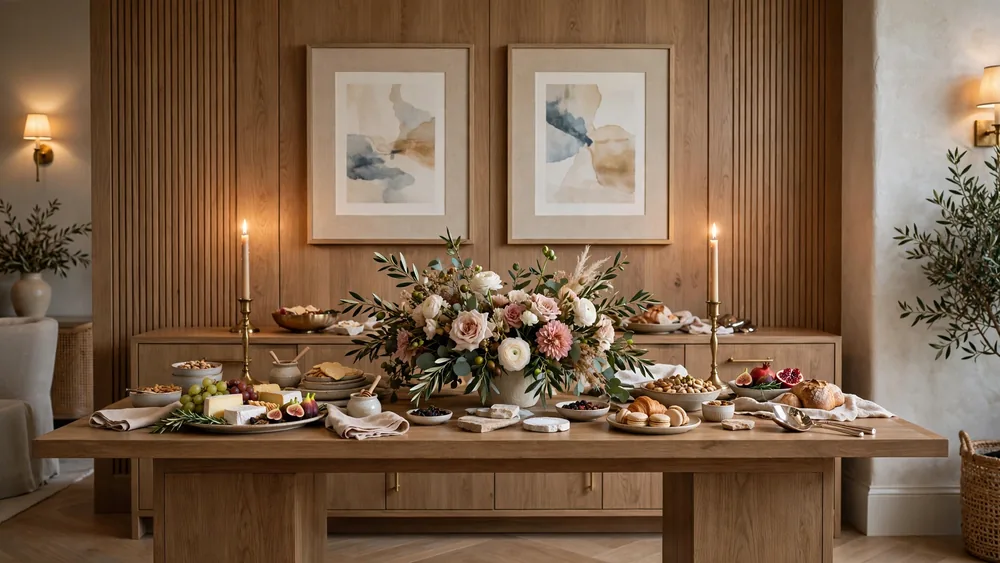 Elegant buffet table styled with candlesticks, serving pieces and floral centerpiece – home decor idea