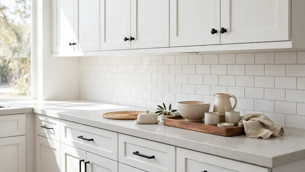 Modern white shaker cabinets with matte black bar handles and knobs – home decor idea