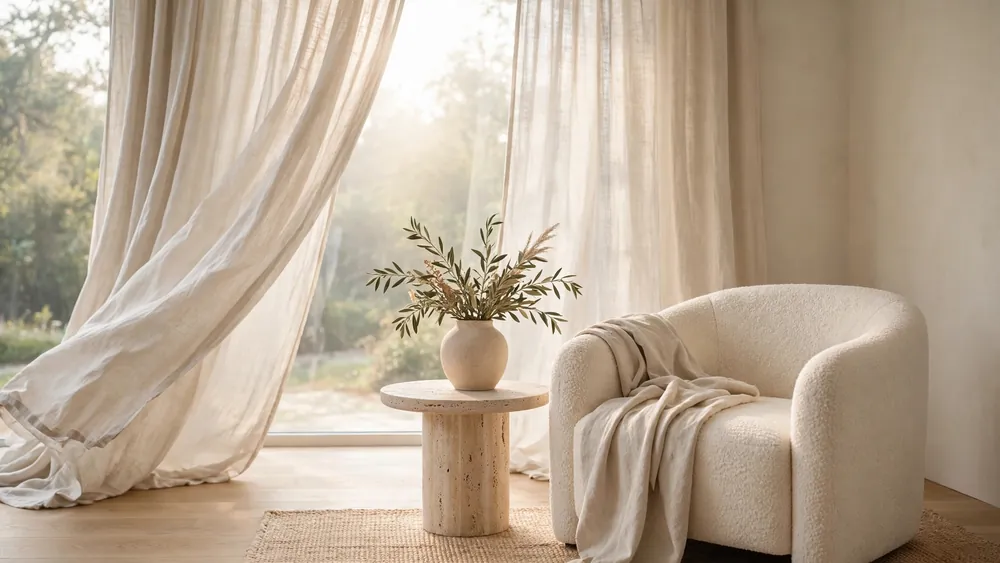 Calm living room corner with flowing greige linen curtains, cream boucle armchair and travertine side table – home decor idea