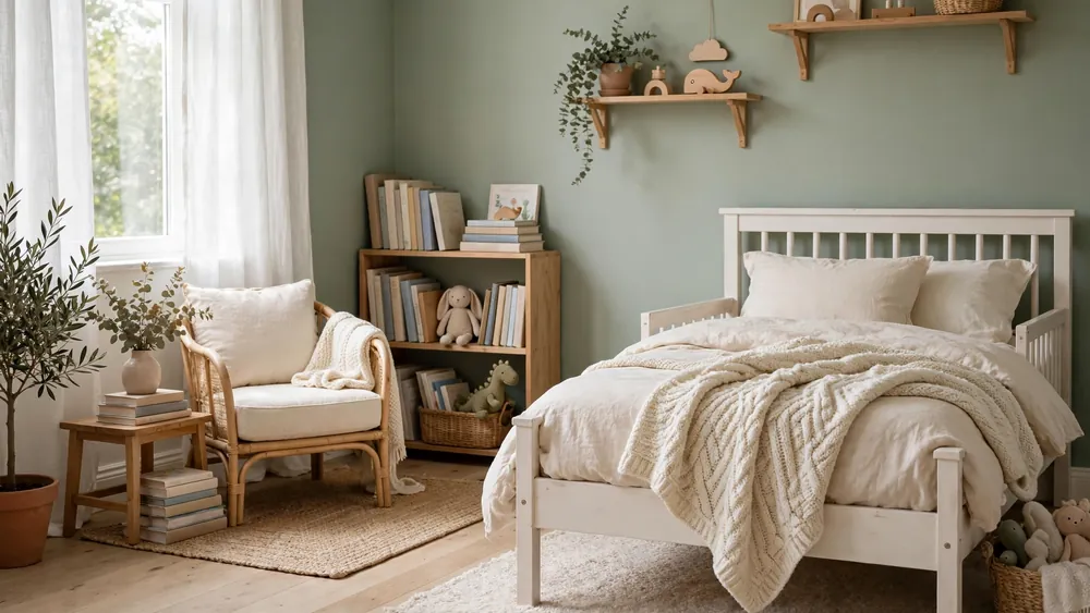 Calming kids bedroom with sage green walls, white bed, cozy reading nook and bookshelves – home decor idea