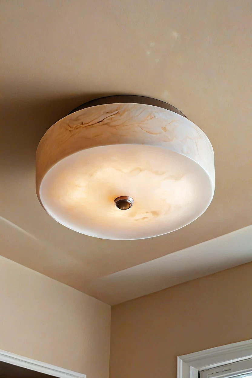 Alabaster disc flush mount for minimalist ceiling lights living room ideas.