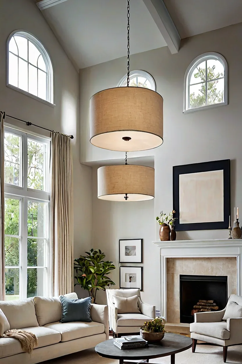 Fabric drum pendant featured in modern ceiling lights living room ideas.