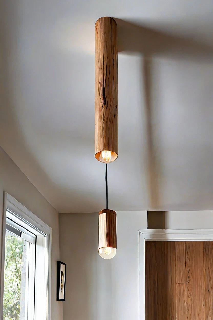 Geometric wooden beam ceiling lights living room ideas for warm Scandinavian style