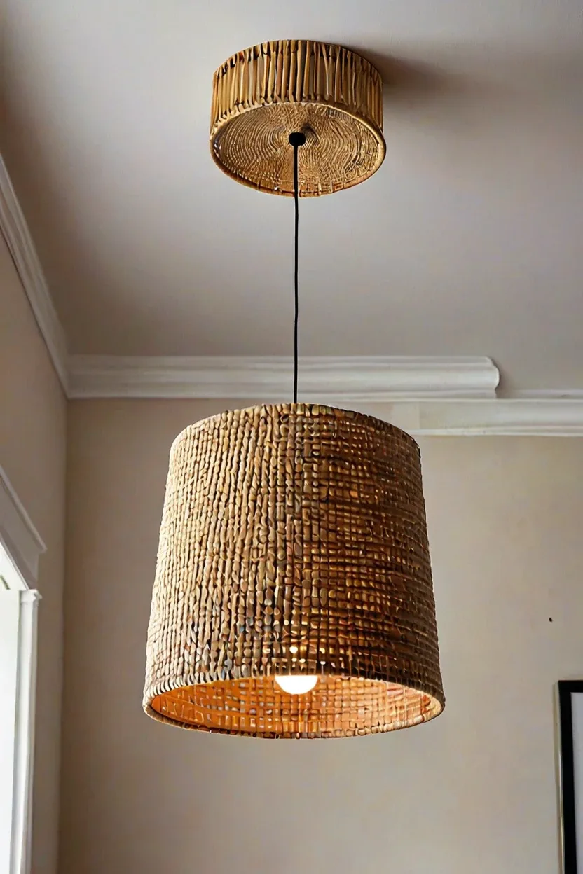 Natural bamboo drum ceiling lights living room ideas for warm bohemian home decor.