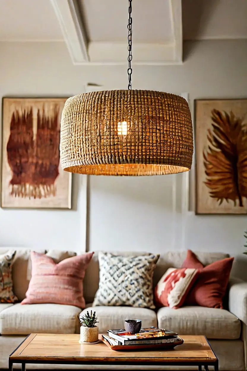 Woven rattan drum pendant ceiling lights living room ideas for natural texture