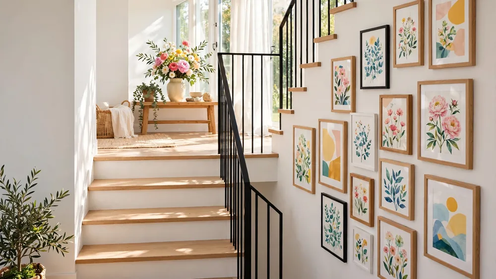 Bright cheerful staircase with light wood steps and a colorful botanical gallery wall ascending alongside – home decor idea